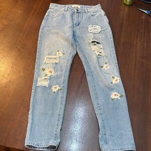 Chelsea & Violet Light Blue‎ Distressed Jeans with Floral Accents